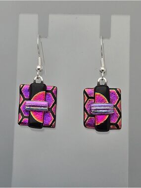 Dichroic Glass Earrings Pink Black Hexagon Sterling Silver 1.25" New